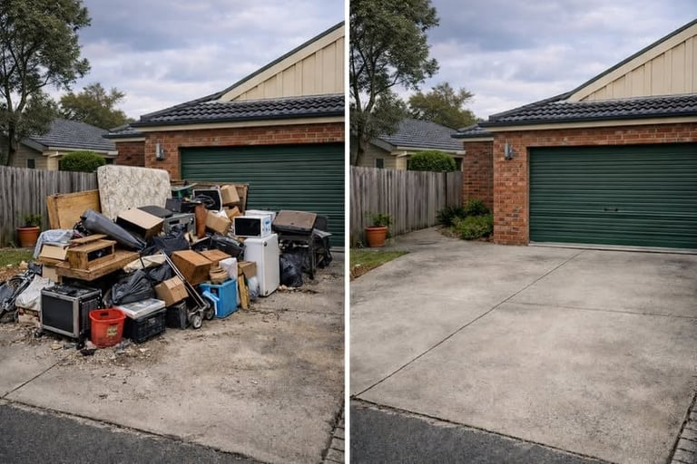 Before and after comparison of a garage driveway, left shows cluttered junk and debris, right shows clean cleared driveway